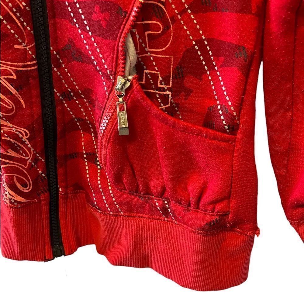 Red Embellished Graphic Print Zip Up Hooded Long Sleeve Casual Sweatshirt S - Picture 3 of 9